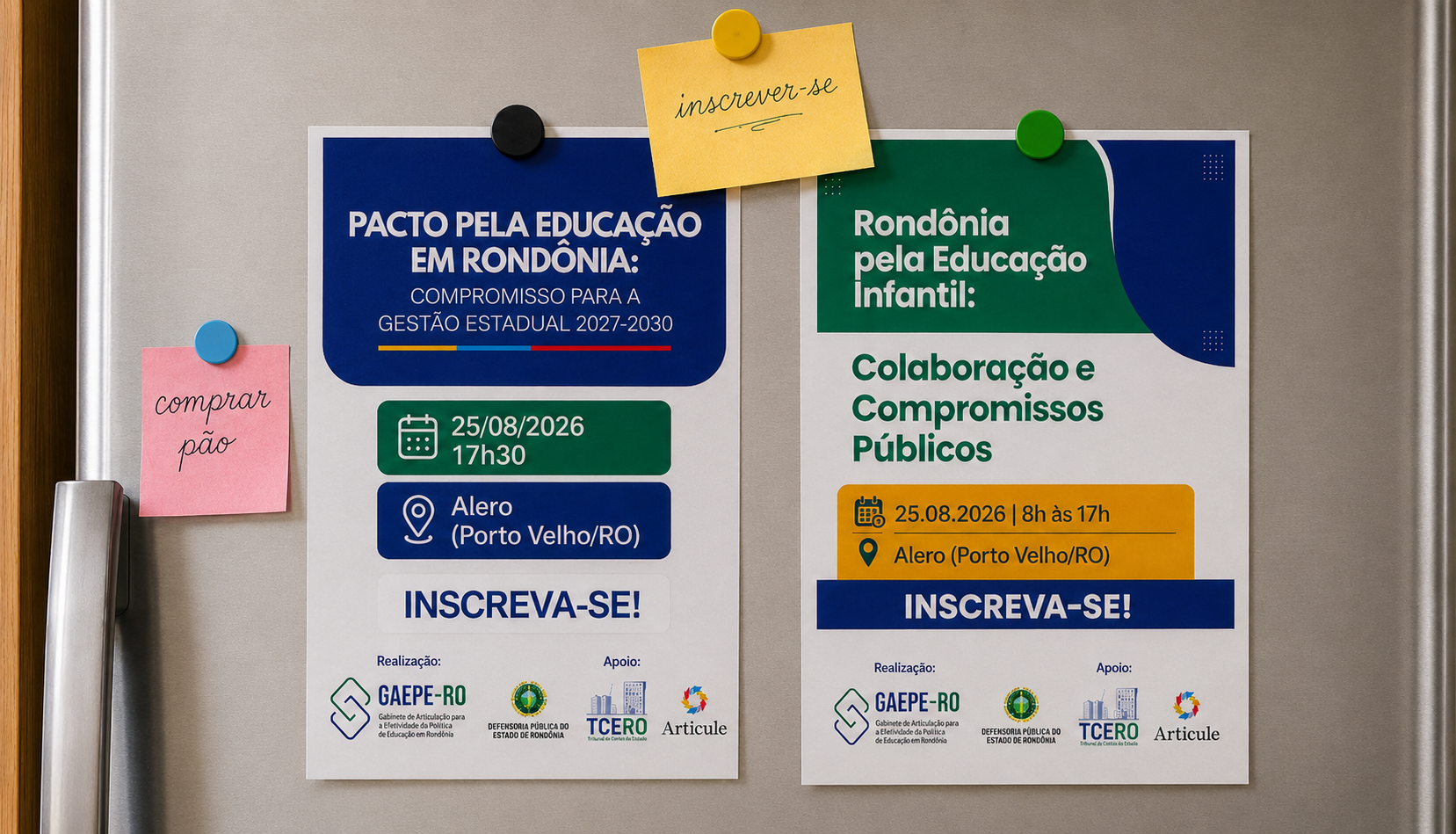 Cartazes de dois eventos do Gaepe-RO: um sobre Educação Infantil e outro de mobilização de candidatos ao governo. Ambos no dia 25 de agosto na Alero. A image mostra um um post it com o lembrete "inscrever-se"